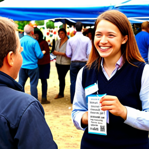 Home 4 Networking at a Local Event**
A young professional in local government, smiling and engaging in conversation with a diverse group of people (older colleagues, community members) at an outdoor town festival or local event. The scene is warm and inviting, with food stalls and local crafts in the background. Focus on the genuine interaction and positive atmosphere. Key elements: Name tag on professional, friendly expressions, local market scene. The overall tone should be encouraging and show active participation in the community.
**