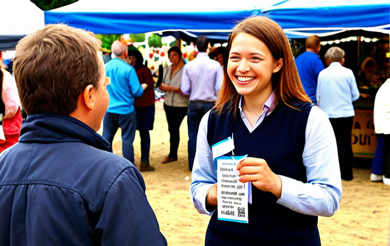 Networking at a Local Event**
A young professional in local government, smiling and engaging in conversation with a diverse group of people (older colleagues, community members) at an outdoor town festival or local event. The scene is warm and inviting, with food stalls and local crafts in the background. Focus on the genuine interaction and positive atmosphere. Key elements: Name tag on professional, friendly expressions, local market scene. The overall tone should be encouraging and show active participation in the community.
**